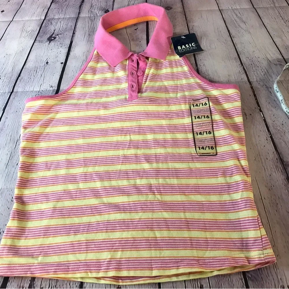 NWT Basic Edition Pink Yellow Striped Polo Halter Top Size 14/16